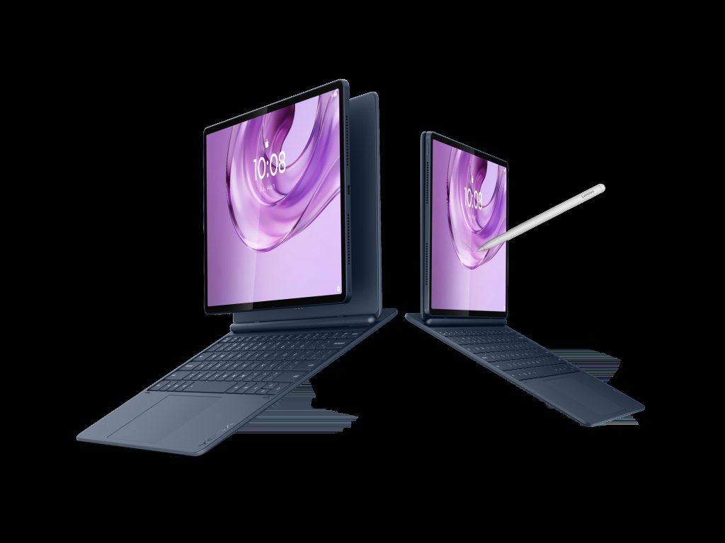 Front and rear views of Lenovo Yoga Tab Plus Gen 2 with a pen.