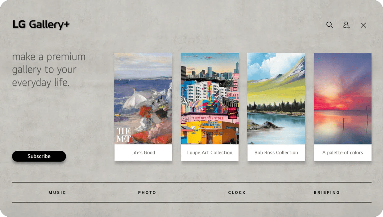 LG Gallery+ interface with subscription button and art collection cards.