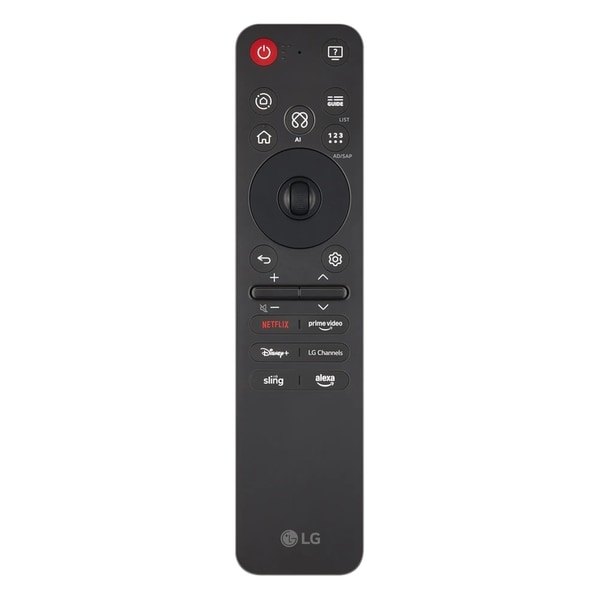 Front of LG’s MR25GA Magic Remote showing its buttons and scroll wheel.