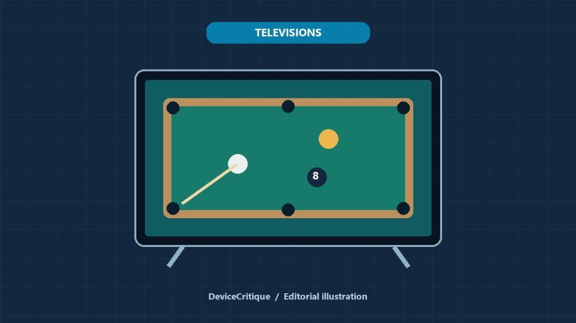 Original DeviceCritique illustration of a pool game on a television; not a game screenshot or product photograph.
