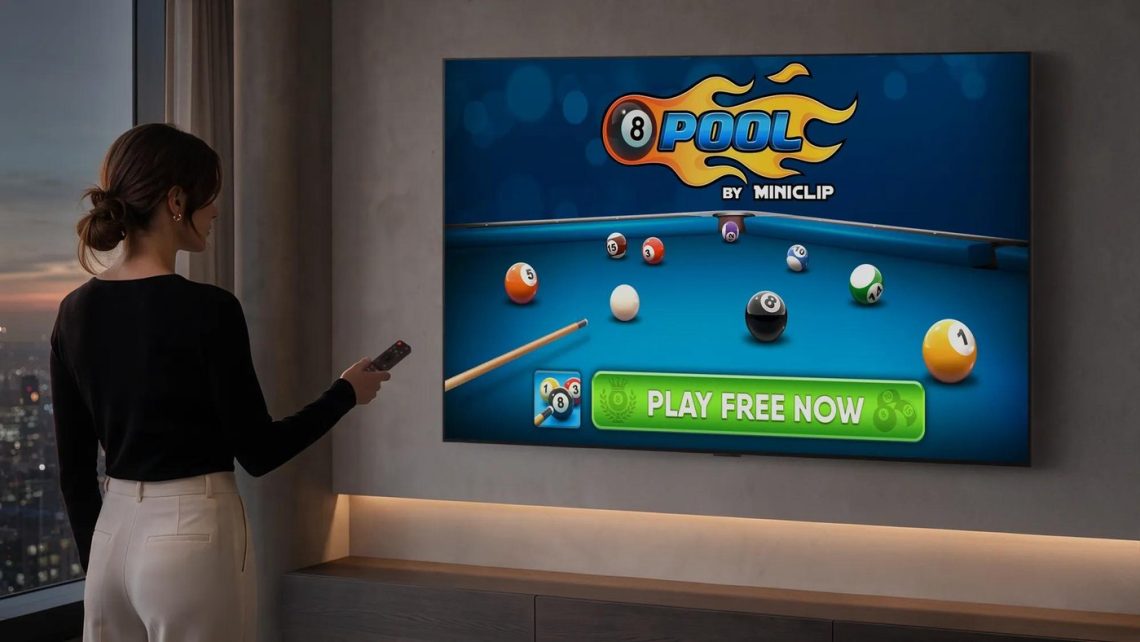 A viewer using a remote with 8 Ball Pool displayed on an LG television.