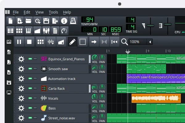 LMMS Song Editor showing instrument tracks, automation and coloured audio and MIDI clips