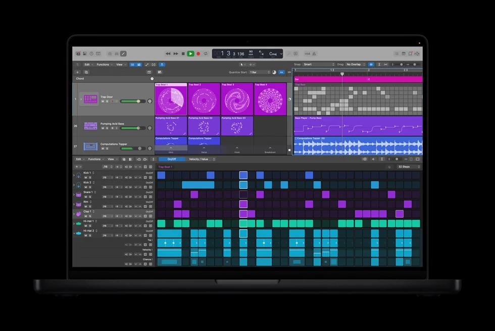 Logic Pro on a MacBook Pro showing Live Loops, tracks and a step sequencer