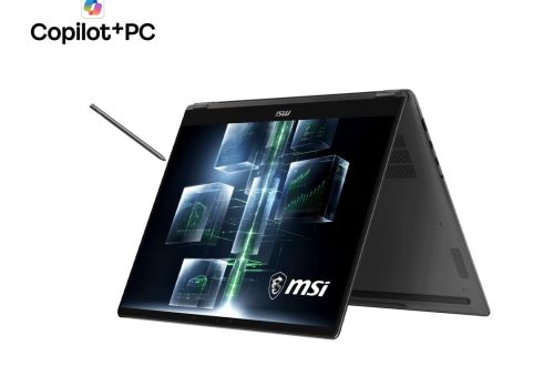 MSI Prestige N16 Flip convertible in tent mode with its stylus