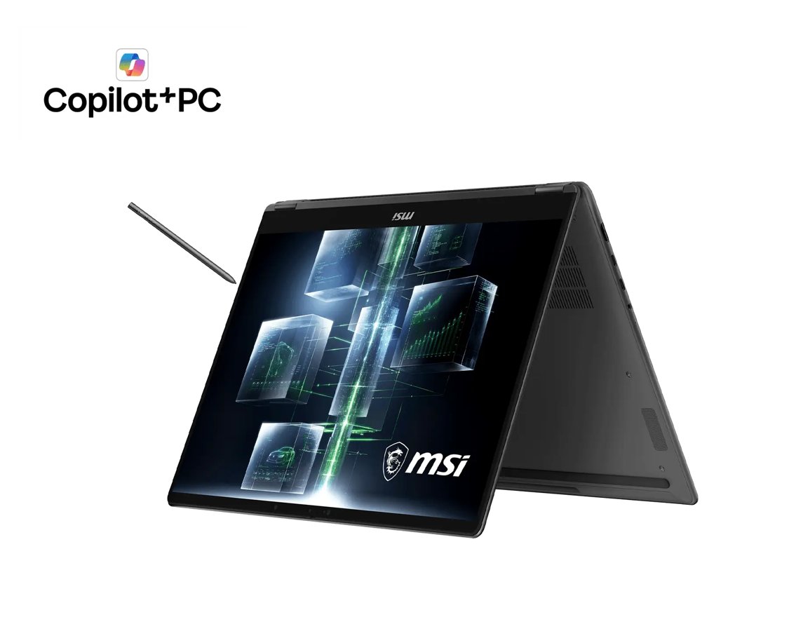 MSI Prestige N16 Flip convertible in tent mode with its stylus