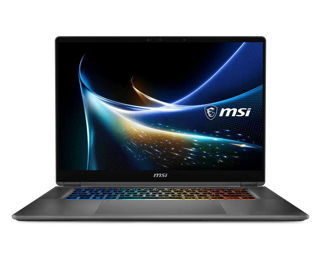 MSI Prestige N16 Flip laptop open with its screen facing forward