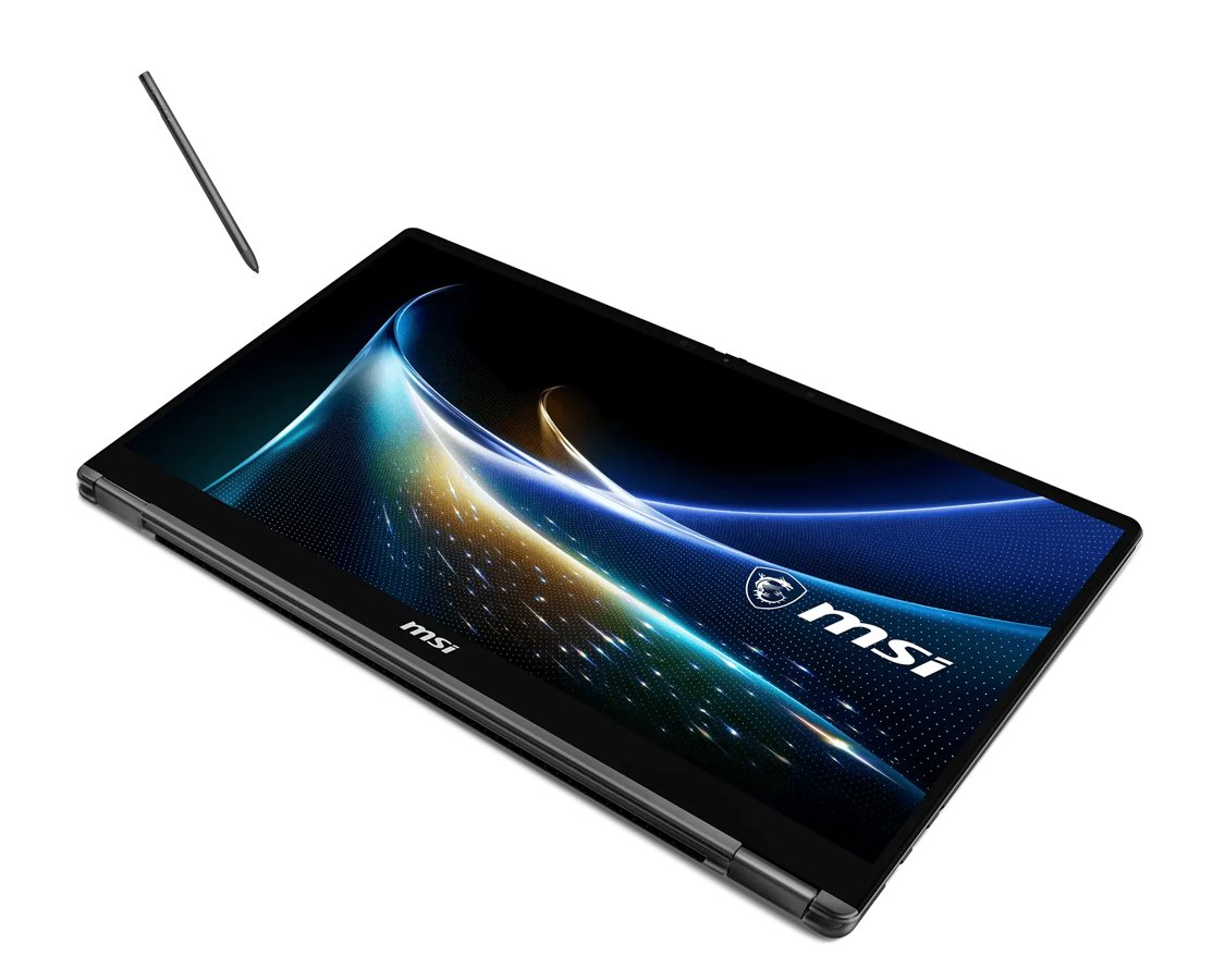MSI Prestige N16 Flip folded into tablet mode beside the Nano Pen