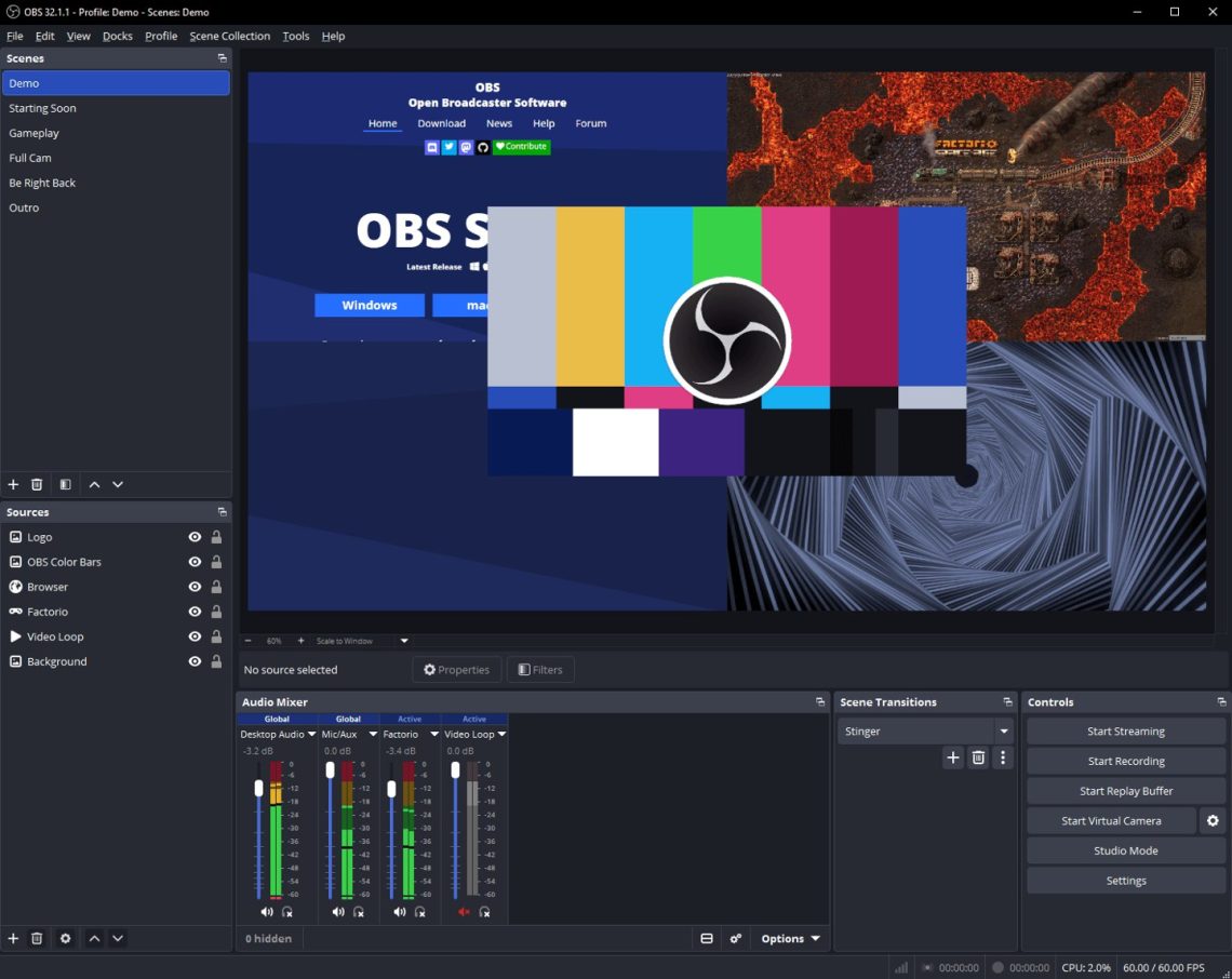 Official OBS Project illustration of the OBS Studio 32.1.1 interface with scenes, sources and audio mixer