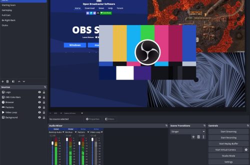 Official OBS Project illustration of the OBS Studio 32.1.1 interface with scenes, sources and audio mixer