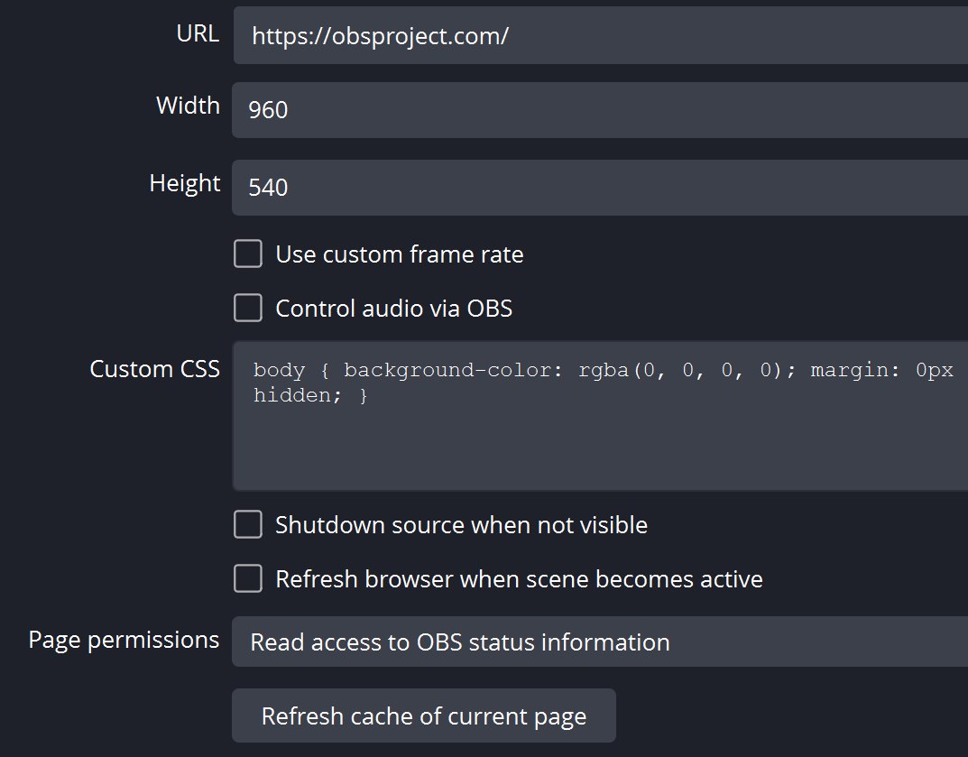 Official OBS Project illustration of browser source settings with URL, dimensions and CSS controls