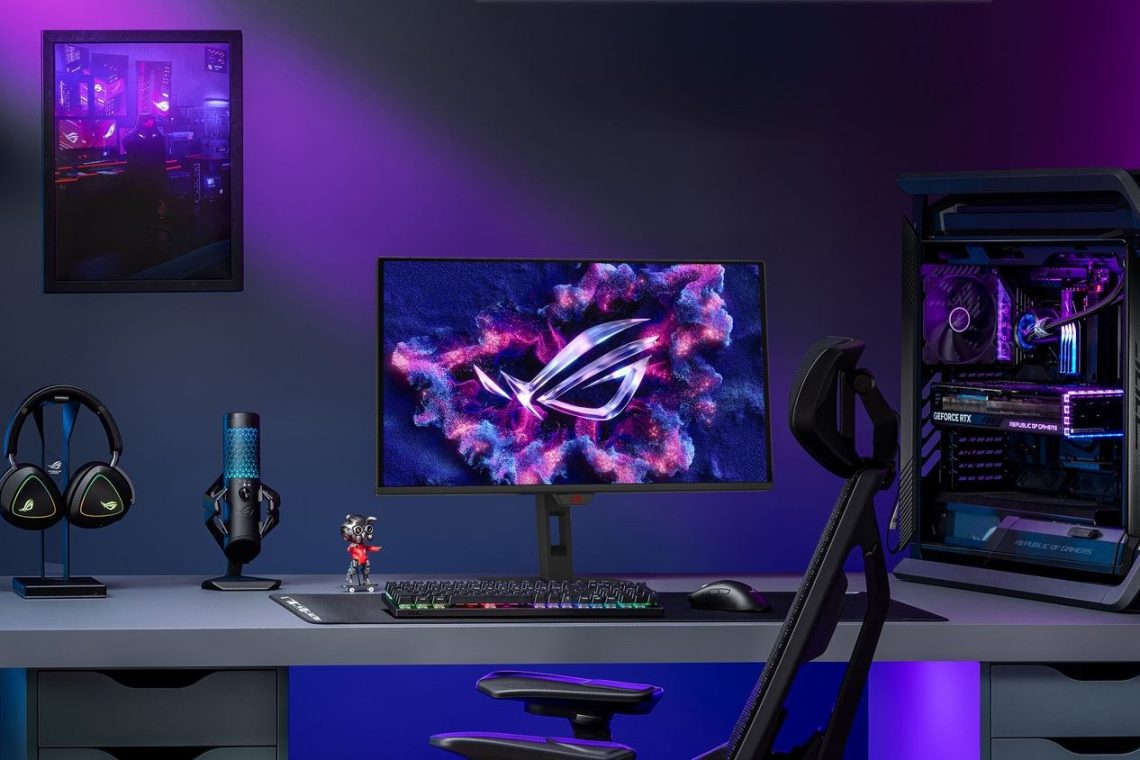 ASUS promotional desk setup with a ROG Strix OLED gaming monitor