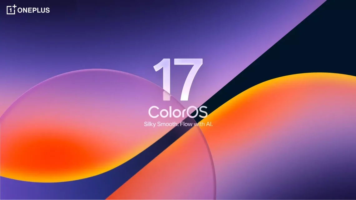 OnePlus ColorOS 17 logo on a purple and orange abstract background