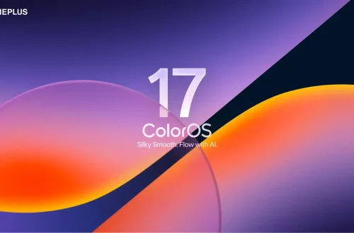 OnePlus ColorOS 17 logo on a purple and orange abstract background