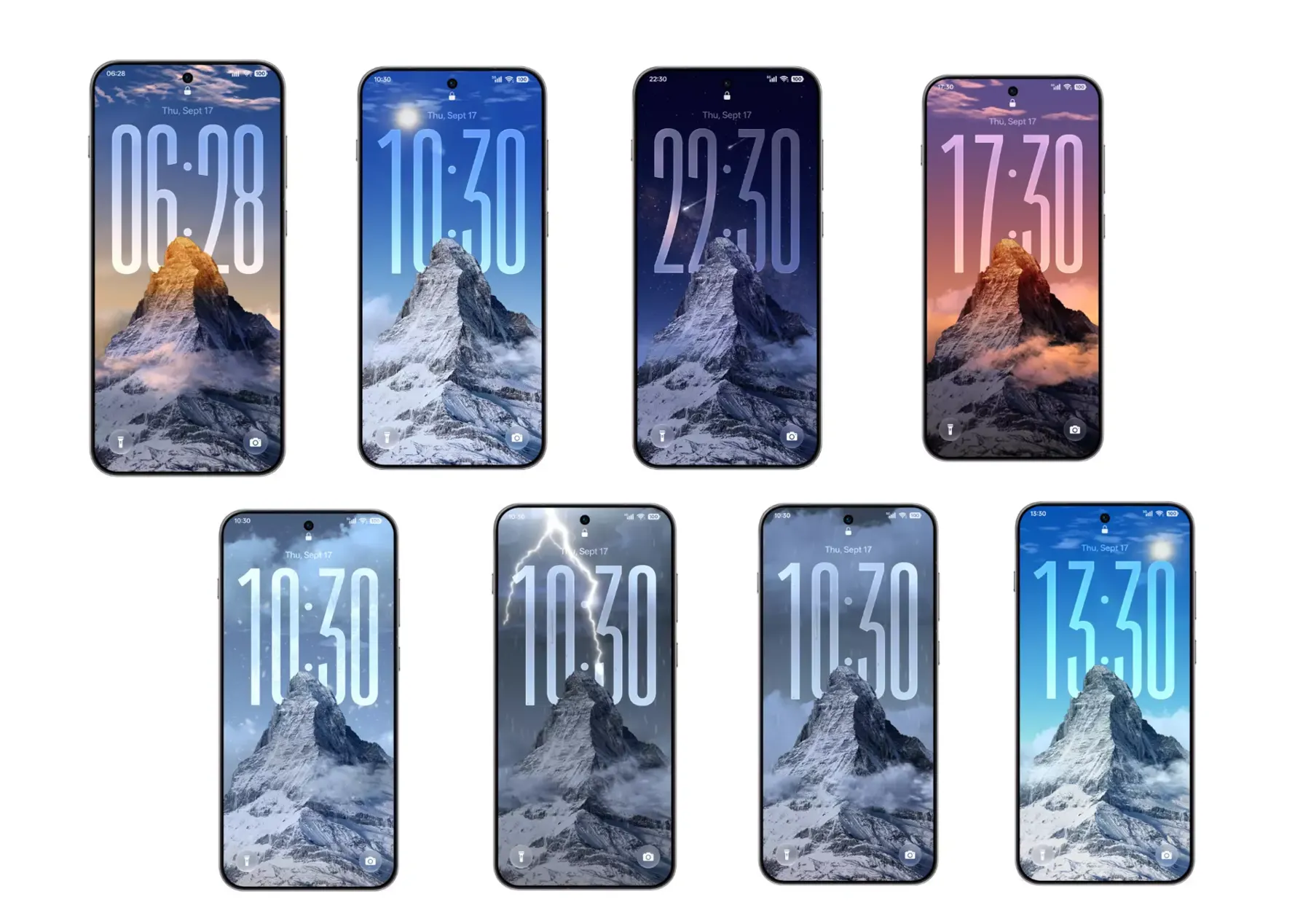 Eight OnePlus ColorOS 17 Flux Themes lock-screen examples with tall clocks and mountain photographs
