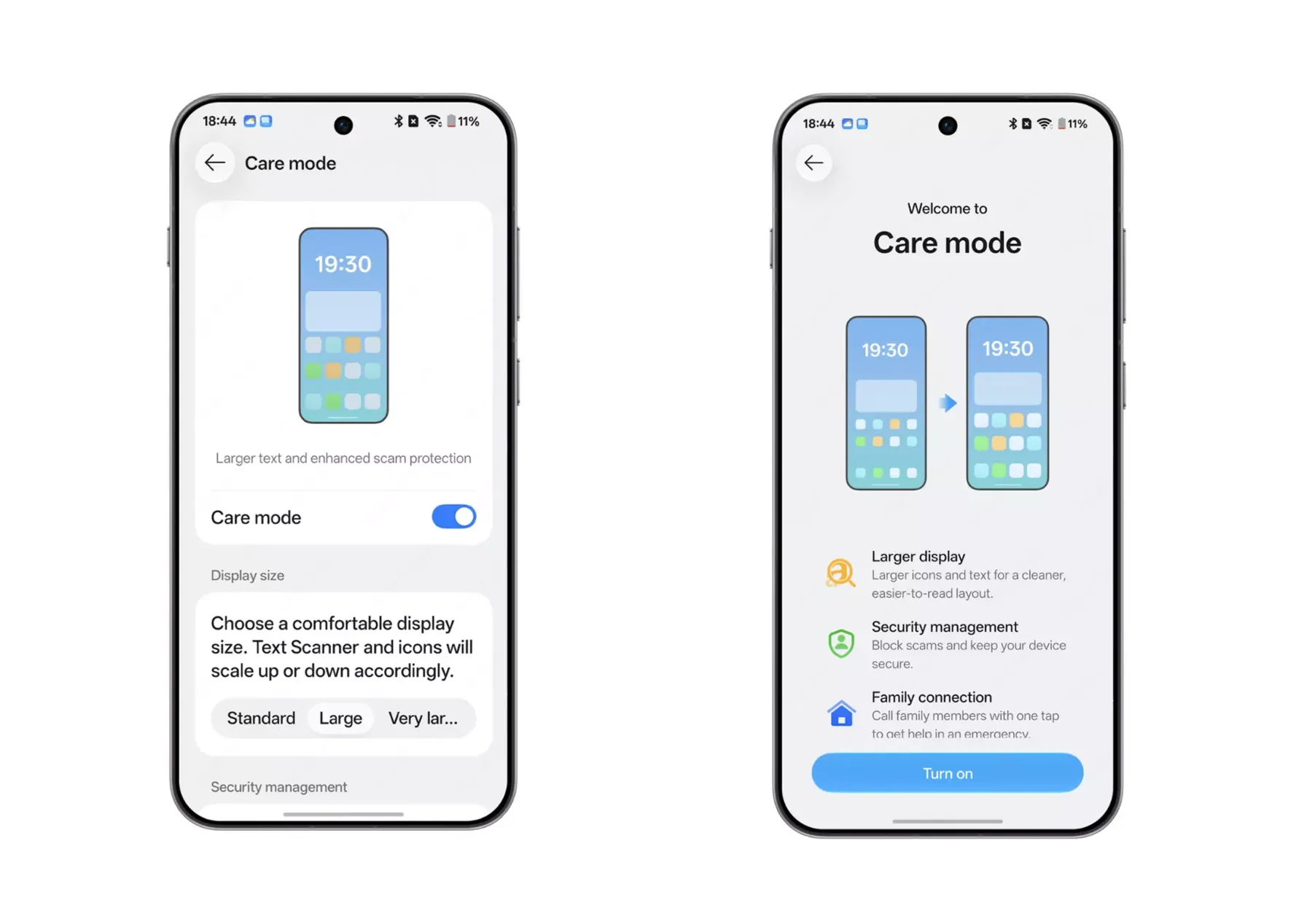 ColorOS 17 Care Mode setup screens showing display-size and accessibility controls