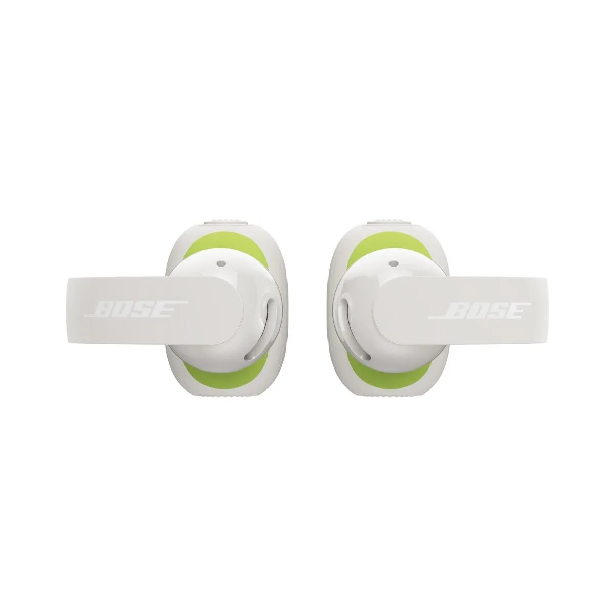White Smoke Bose Sport Open Earbuds with green accents