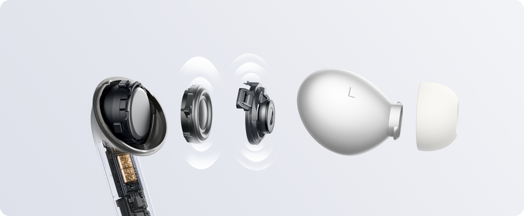Exploded manufacturer illustration of an OPPO Enco X4 earbud’s components