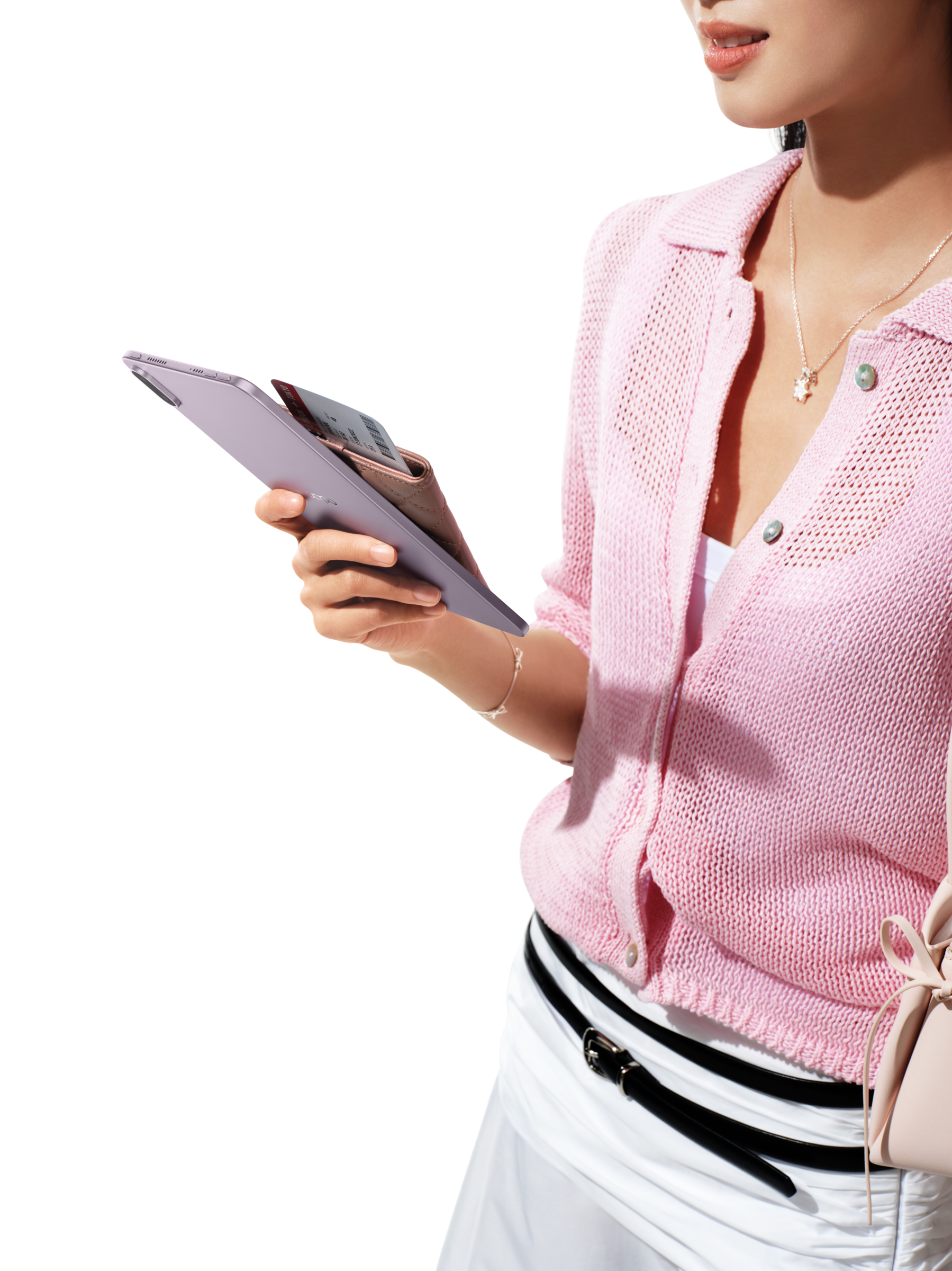 Person holding a Lavender Purple OPPO Pad Mini in one hand