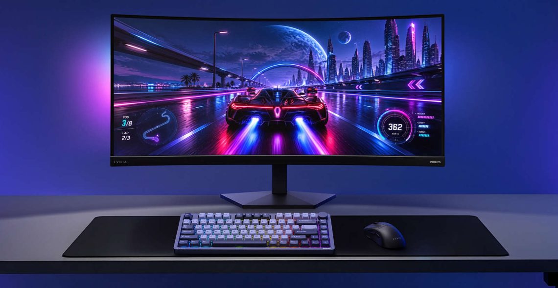 Philips Evnia 36M4C5500P curved ultrawide monitor shown in a purple-lit gaming setup.