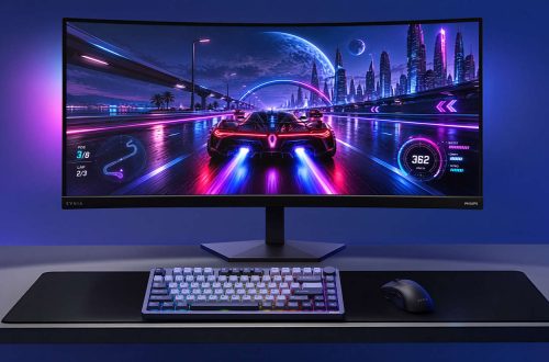 Philips Evnia 36M4C5500P curved ultrawide monitor shown in a purple-lit gaming setup.