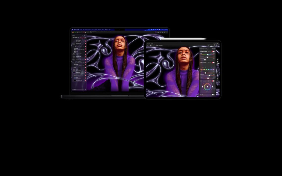Pixelmator Pro workspaces displayed on a MacBook Pro and iPad Pro.