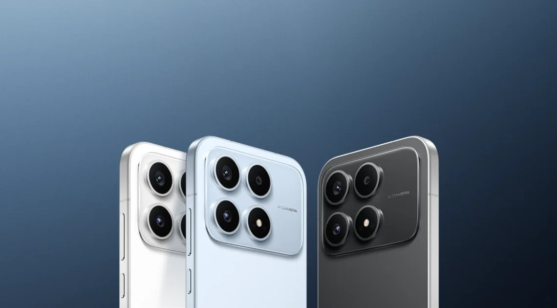 POCO X8s phones in white, blue and black, showing their rear cameras.