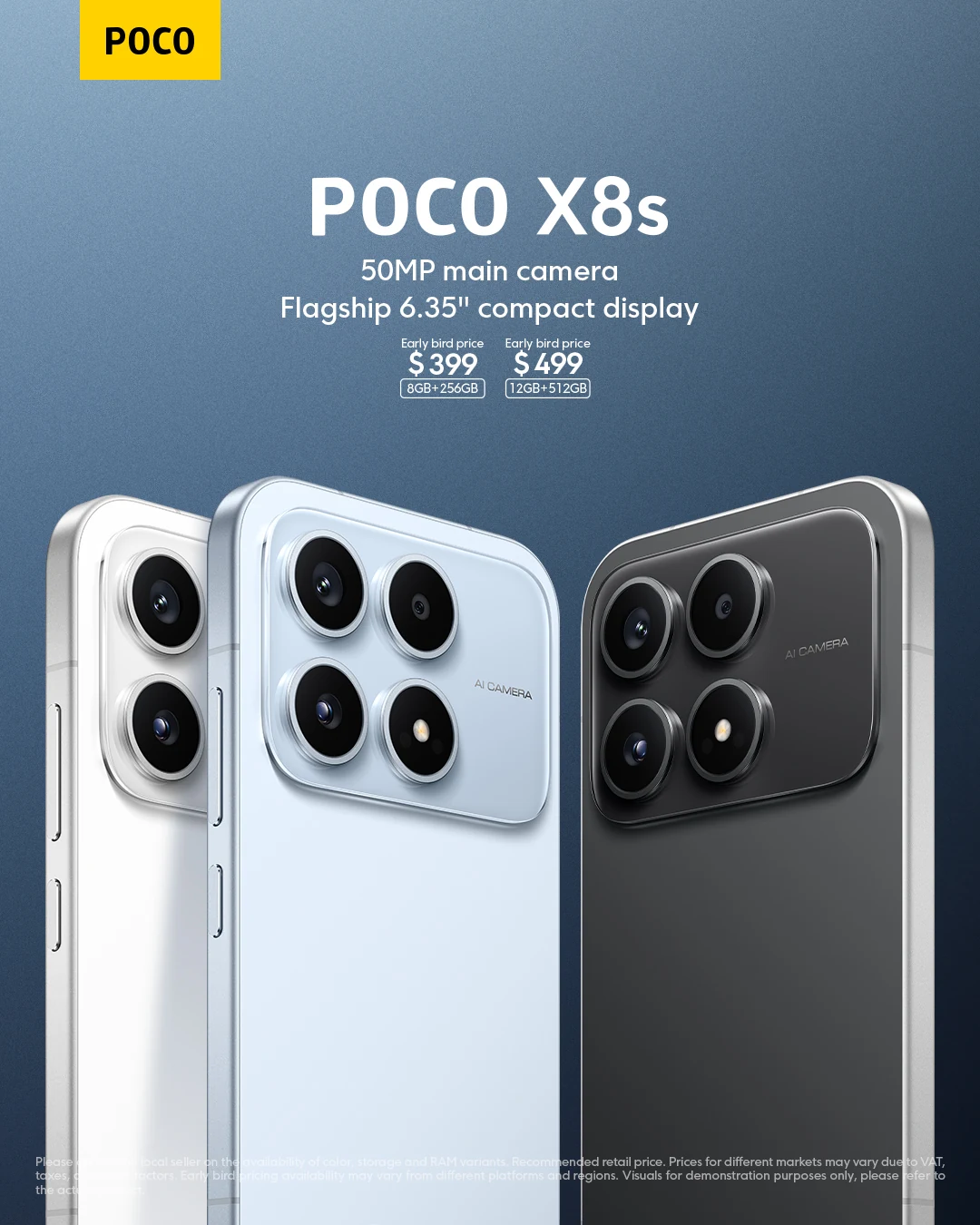 POCO’s global X8s launch poster showing white, blue and black phones and two early-bird prices.