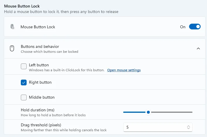 PowerToys Mouse Button Lock settings showing button choices and hold duration.