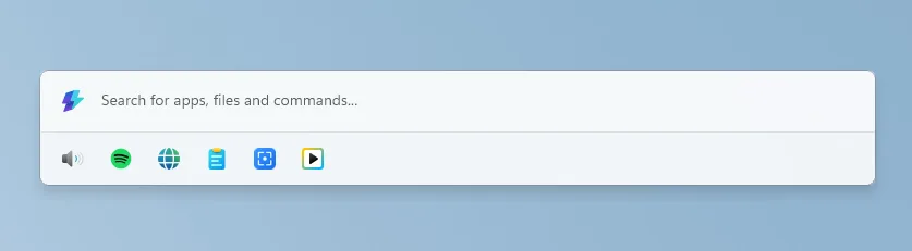 PowerToys Command Palette in compact mode with a row of pinned commands.