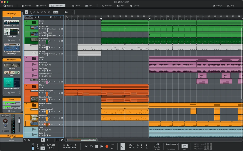 Reason 14 arrangement view with colour-coded drum, vocal, chord and guitar tracks
