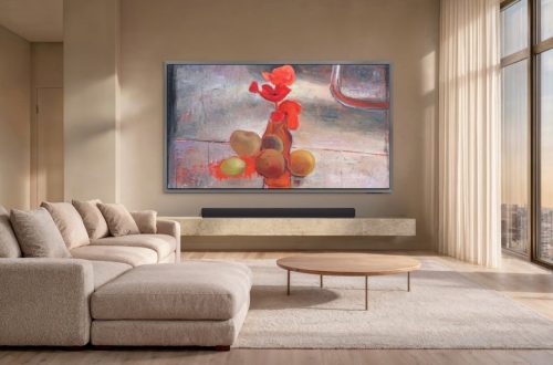Samsung OLED S95H displaying Poppies #4 by Elene Shatberashvili.
