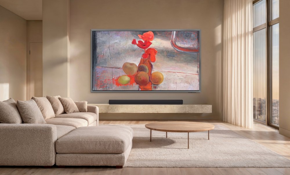 Samsung OLED S95H displaying Poppies #4 by Elene Shatberashvili.