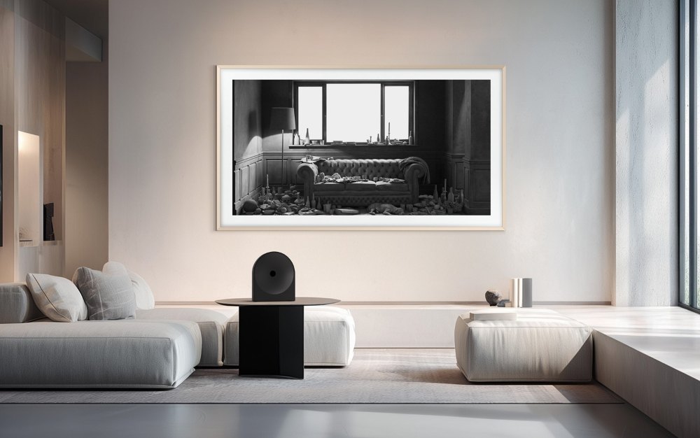 The Frame Pro displaying The Lounge (black and white) by Hans Op de Beeck.