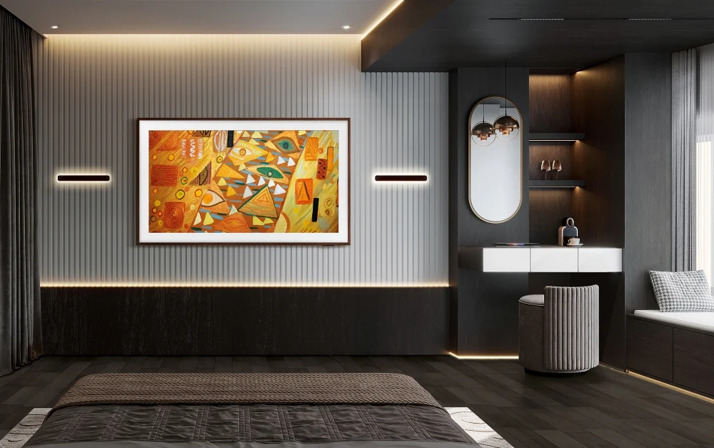 The Frame on a dark hotel-room wall.