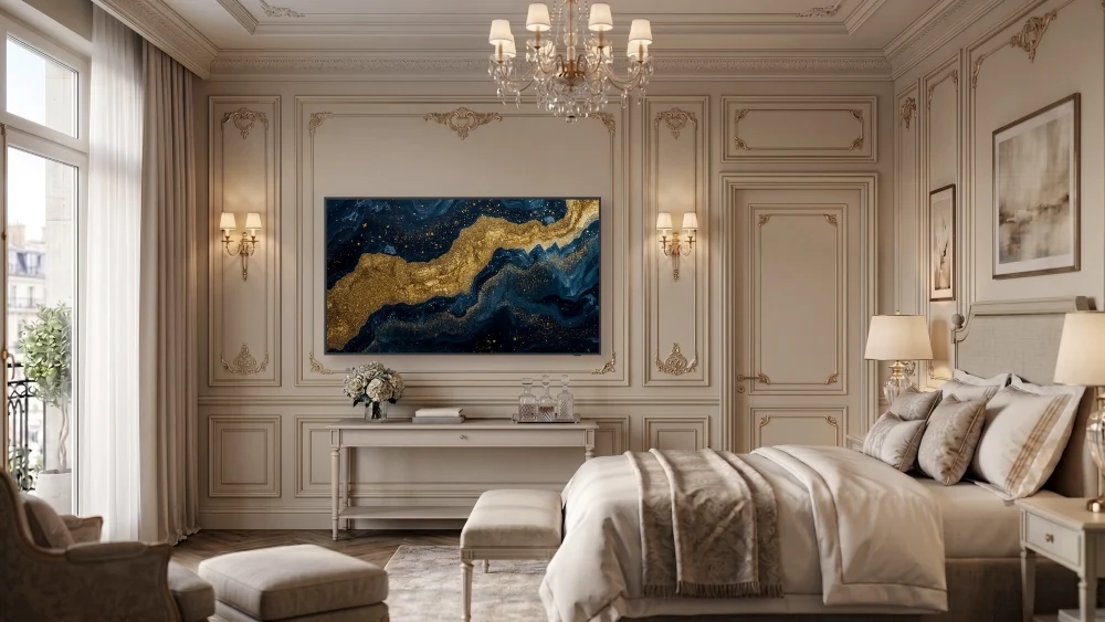 The Frame in a cream hotel bedroom.