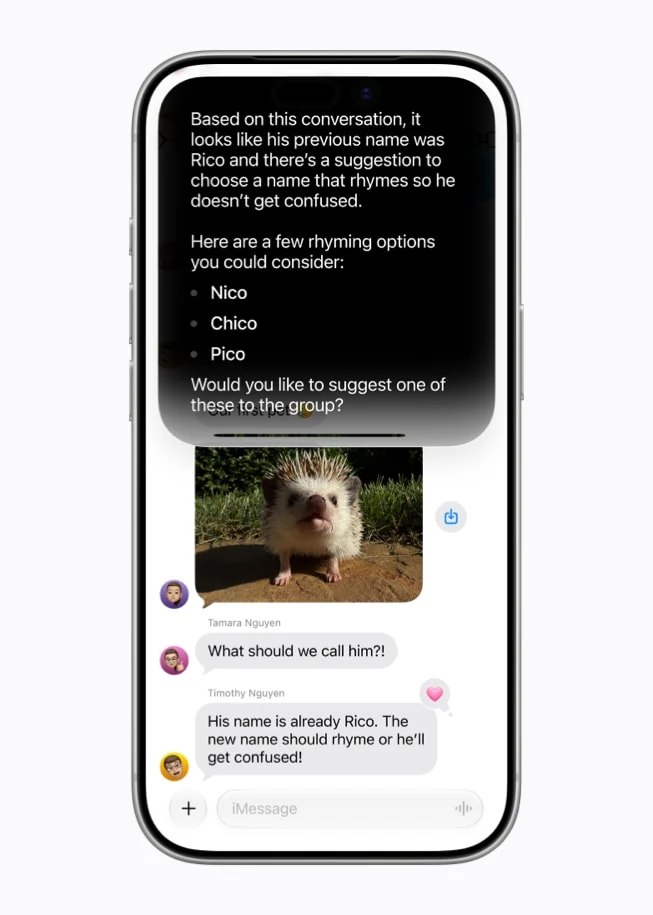 Apple’s earlier English-language Siri AI pet-name suggestion demonstration on iPhone