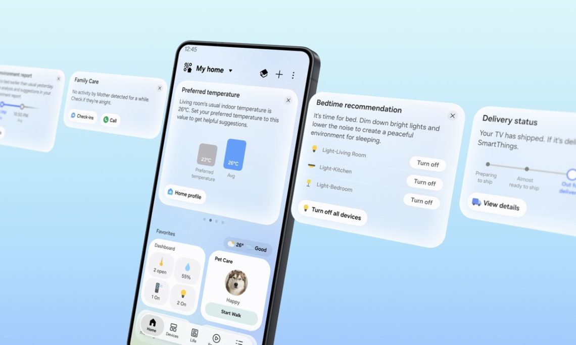 Samsung SmartThings Now cards and the redesigned Home tab.