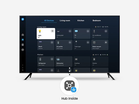 TV with SmartThings device UI shown on-screen with "Hub inside" icon connected to the TV.