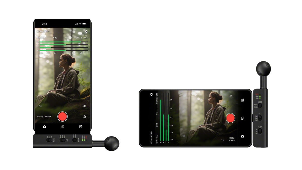 Sony ECM-AX10 attached to smartphones in portrait and landscape orientations