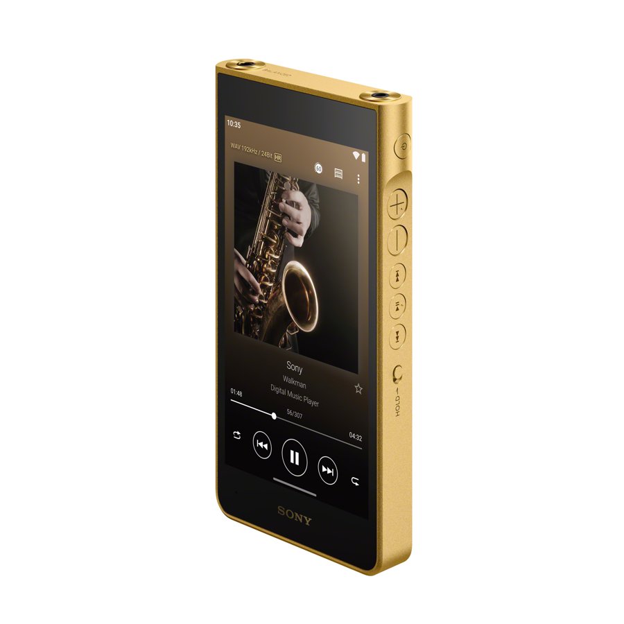 Gold Sony NW-WM1ZM3 Walkman shown from the front at an angle
