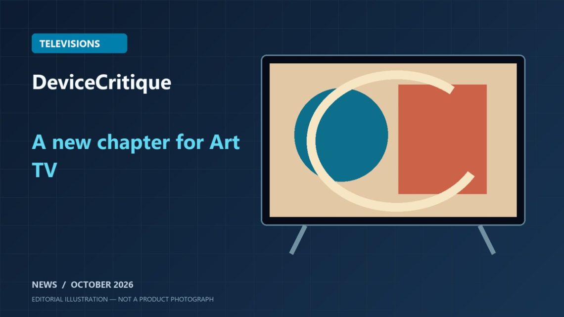 Original DeviceCritique illustration of a television displaying abstract artwork; not a product photograph.