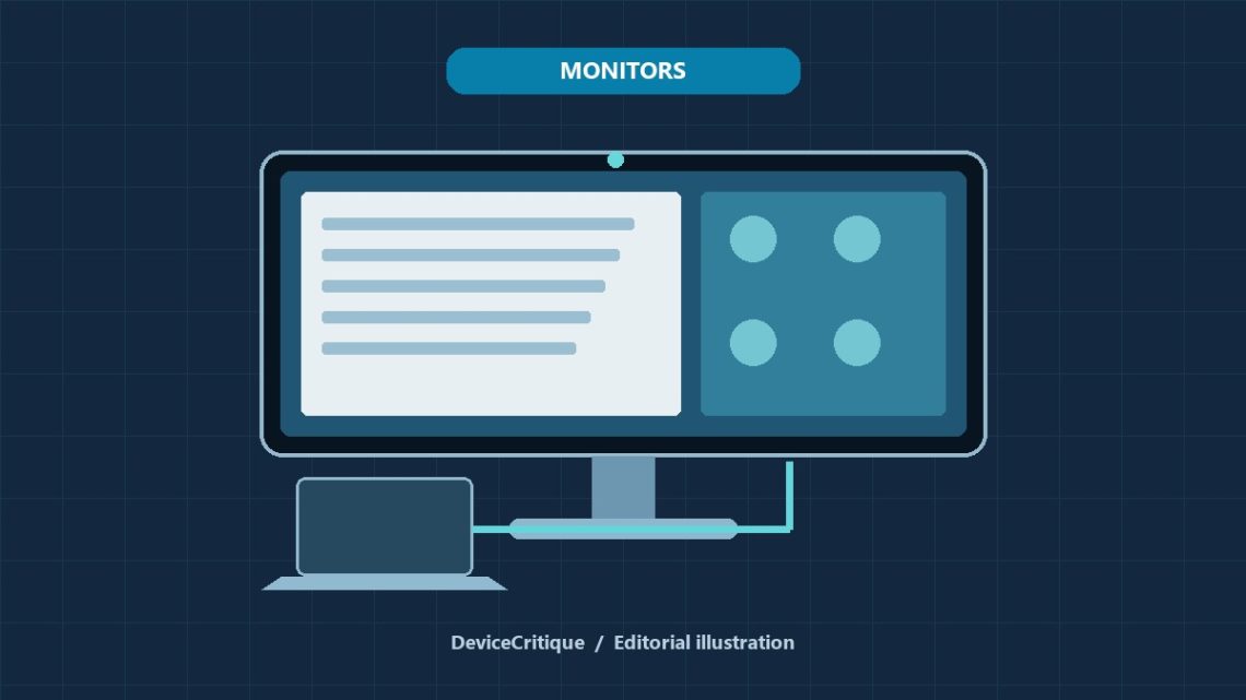 Original DeviceCritique illustration of an ultrawide monitor and USB-C laptop connection; not a product photograph.