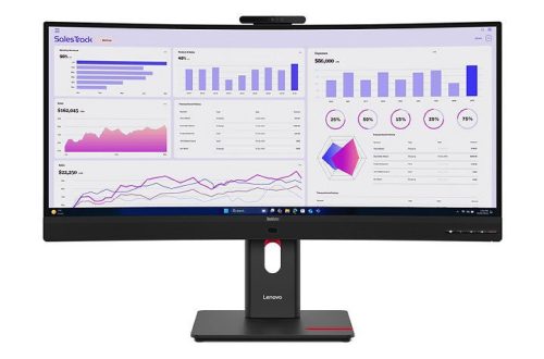 Front view, with graphs on the display, of the ThinkVision T34WD-4v monitor.