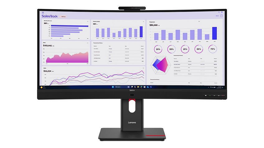 Front view, with graphs on the display, of the ThinkVision T34WD-4v monitor.
