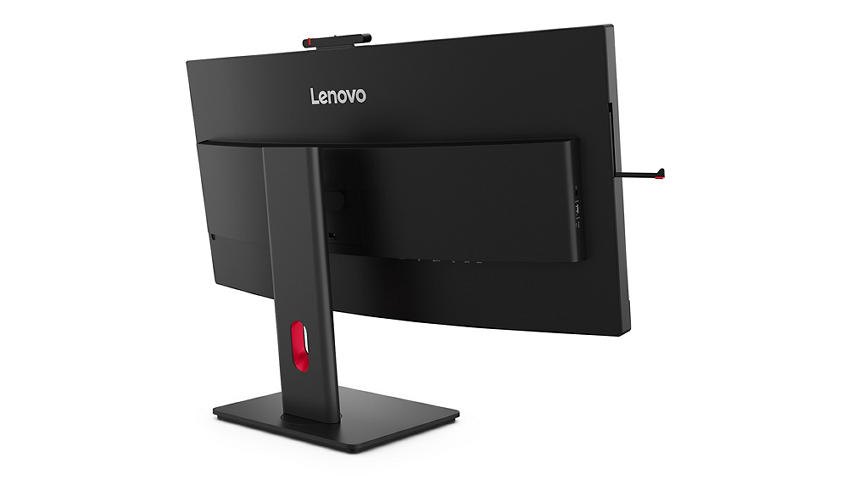 Back angle view of the ThinkVision T34WD-4v with the headphone holder visible.