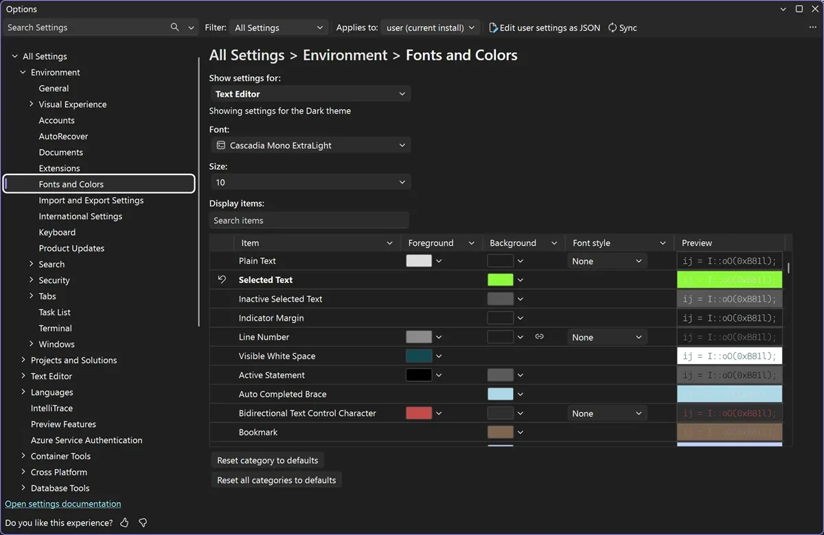 Fonts and Colors settings