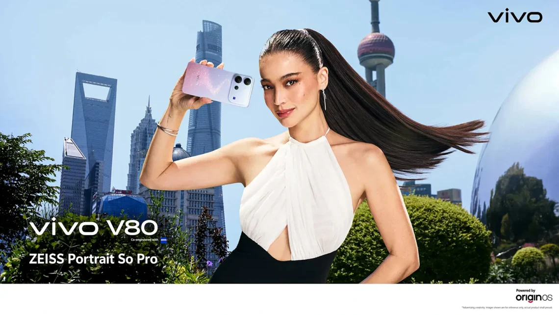 vivo V80 promotional image showing a person holding the purple phone against a city backdrop