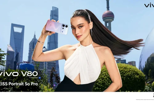 vivo V80 promotional image showing a person holding the purple phone against a city backdrop
