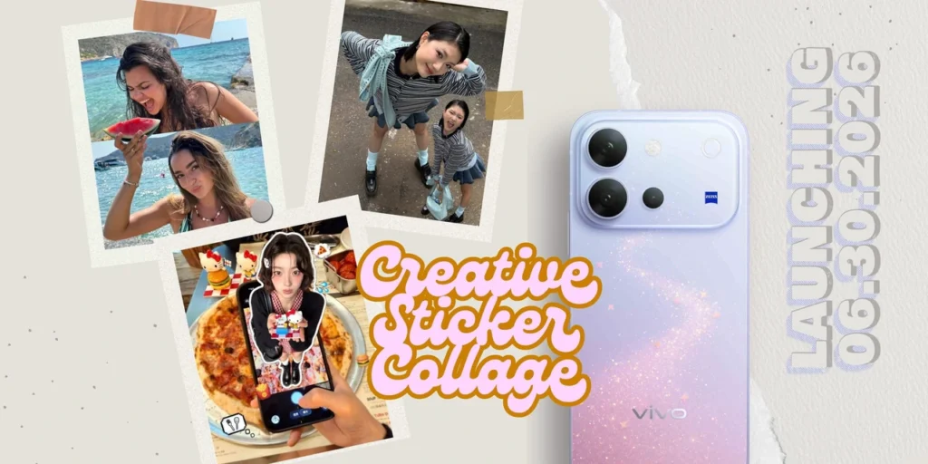 vivo V80 Creative Sticker Collage promotional graphic with the purple phone and sample compositions