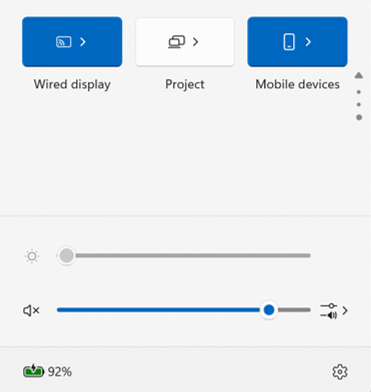 Windows 11 preview Quick Settings panel with a Mobile devices tile.
